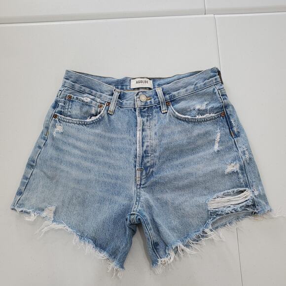 AGOLDE Parker Long Denim Shorts Womens 26 Light Wash High Rise Raw Hem A9010-811 - Picture 1 of 10